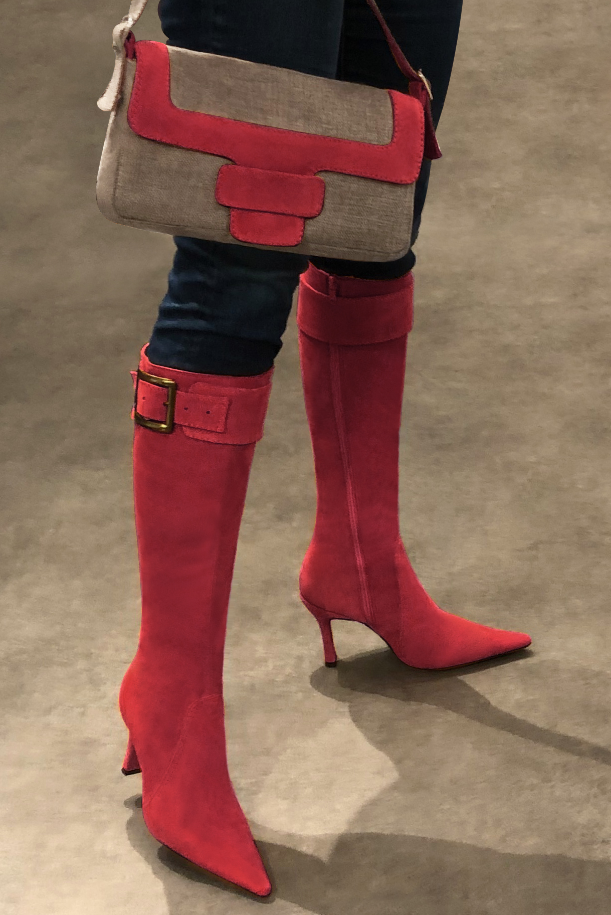 Scarlet red women's feminine knee-high boots. Pointed toe. Very high spool heels. Made to measure. Worn view - Florence KOOIJMAN